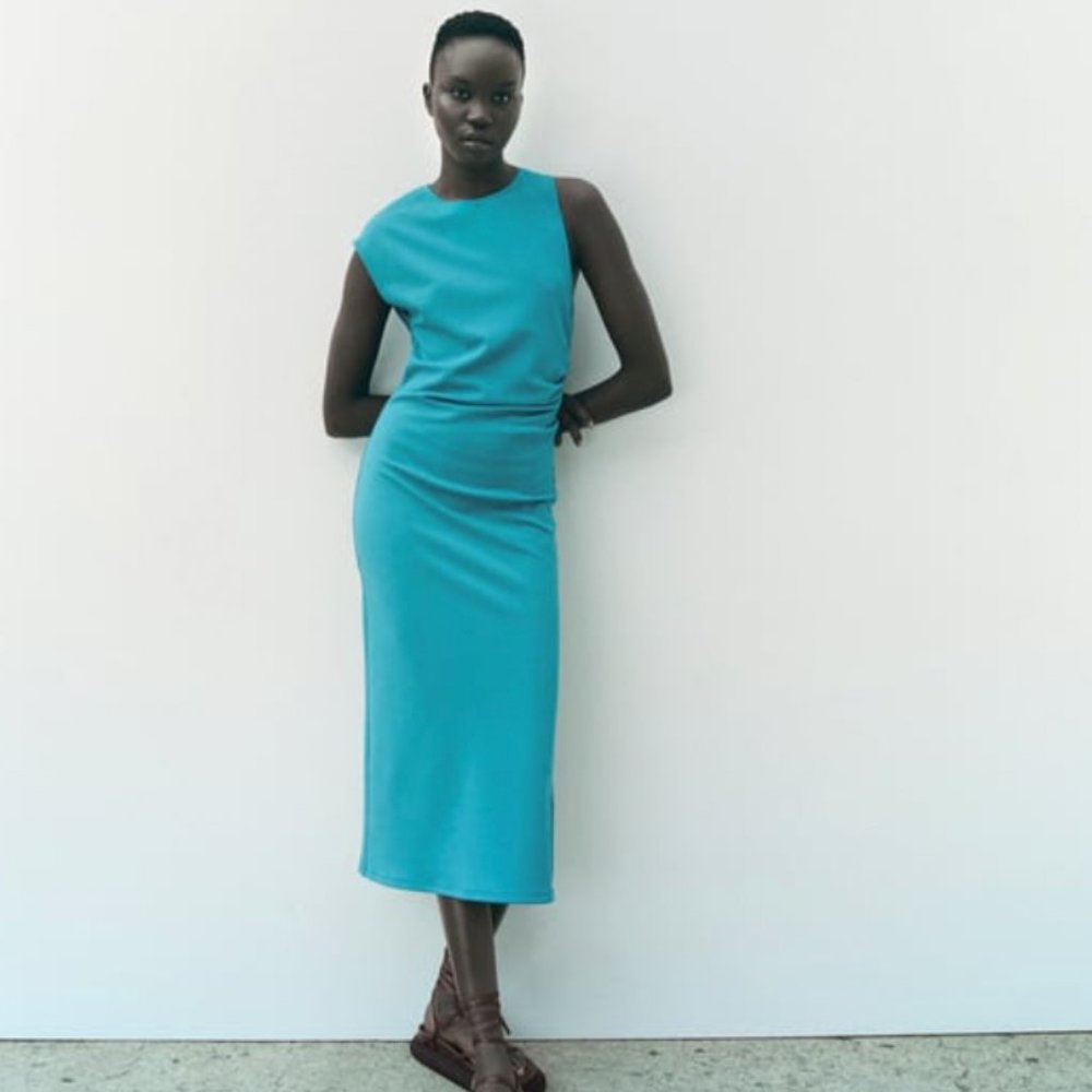 ZARA SKY BLUE DRAPED MIDI DRESS